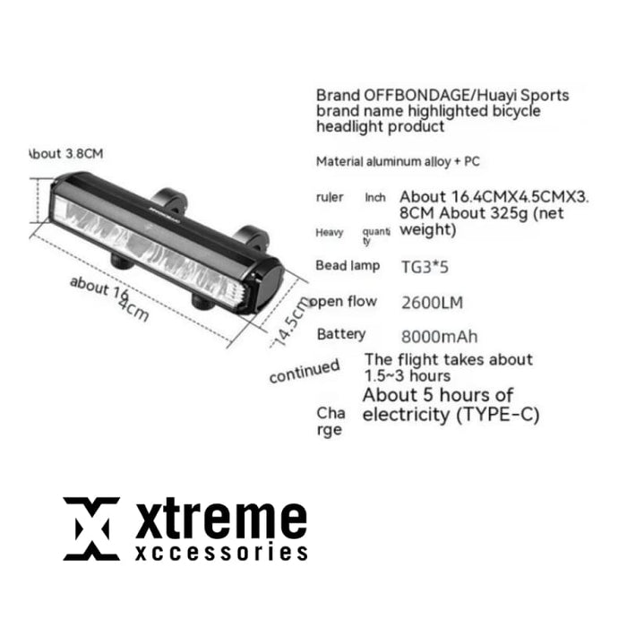 Xtreme Xccessories 2600 lumen 8000mAh bicycle led light - bicycle led light bar handlebar