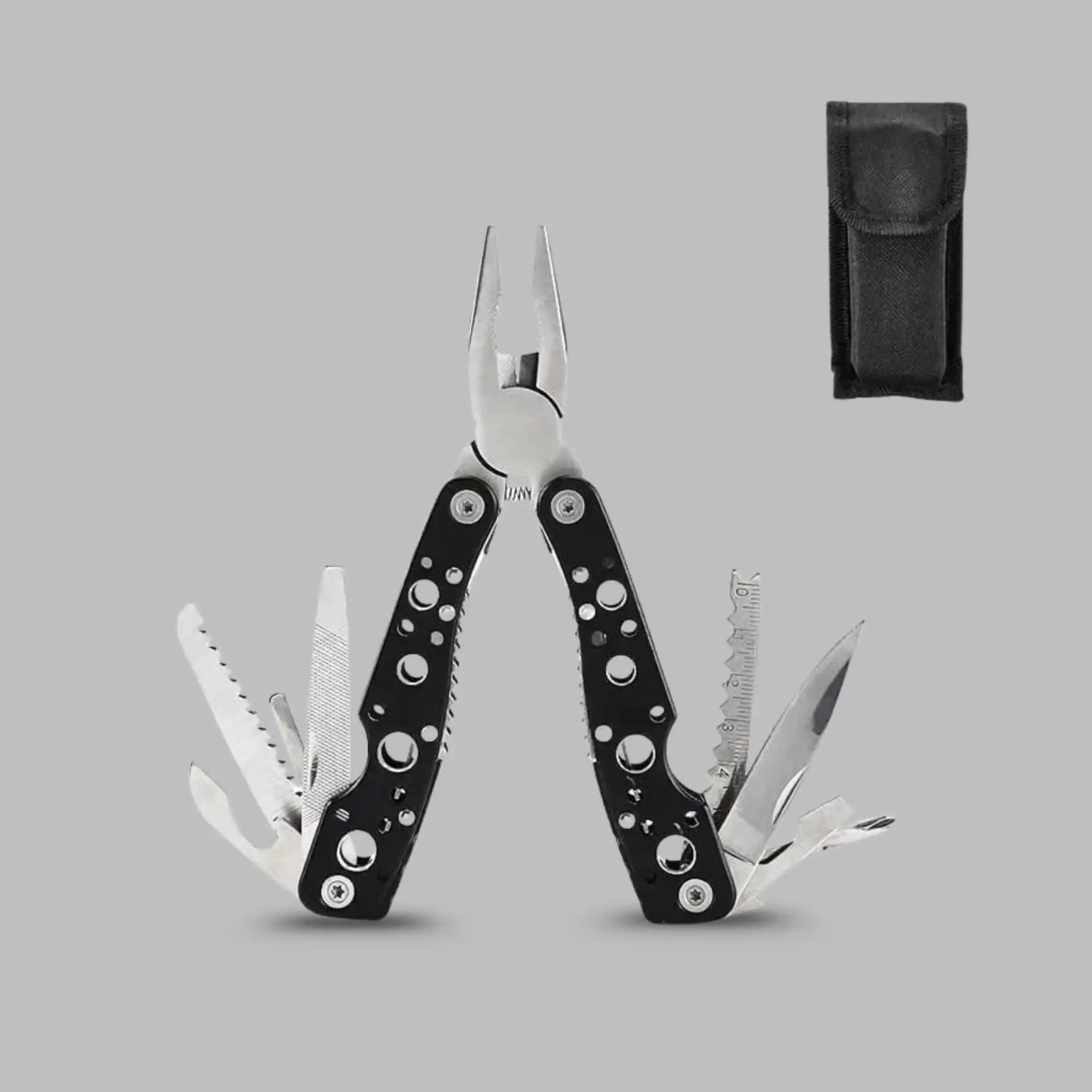 A black and silver multi-tool with pliers and various fold-out implements, accompanied by a black carrying pouch.