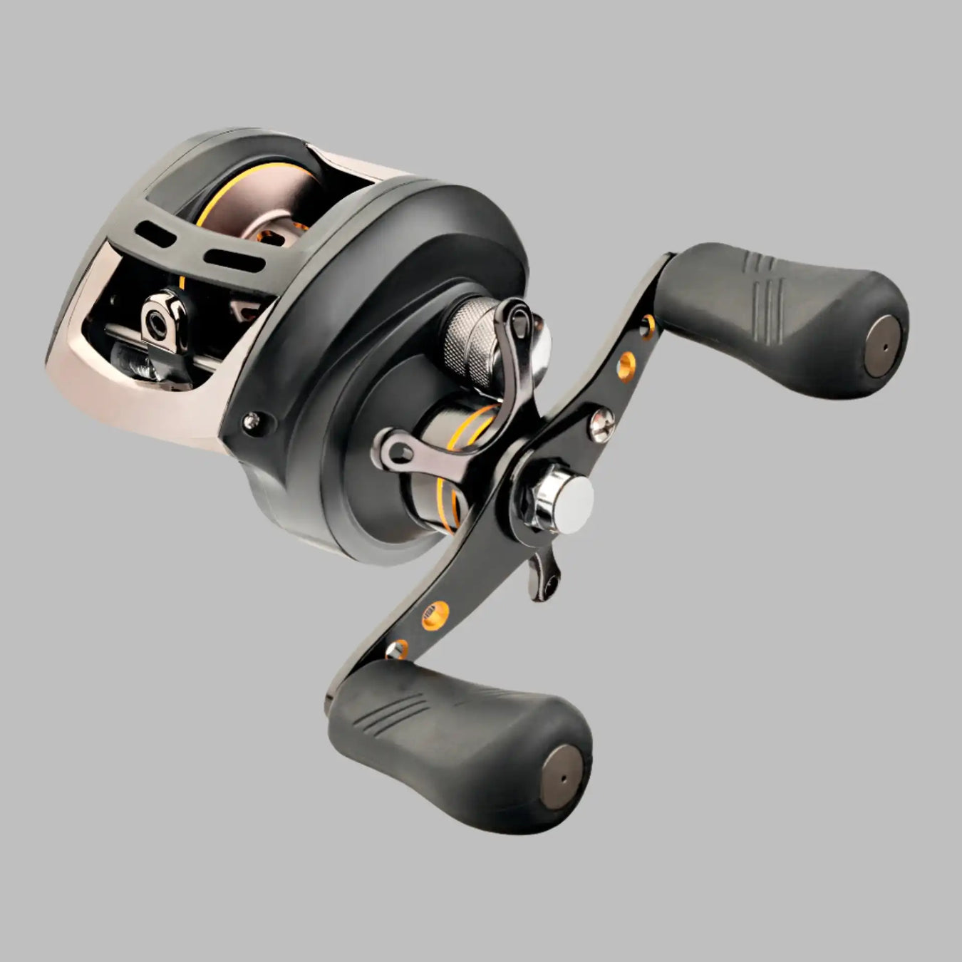 A black and silver baitcasting fishing reel with a double-handled crank.