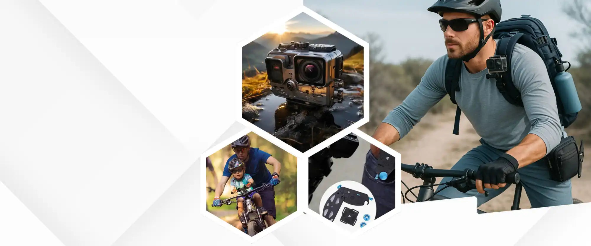 A man cycling outdoors with an action camera and various accessories.
