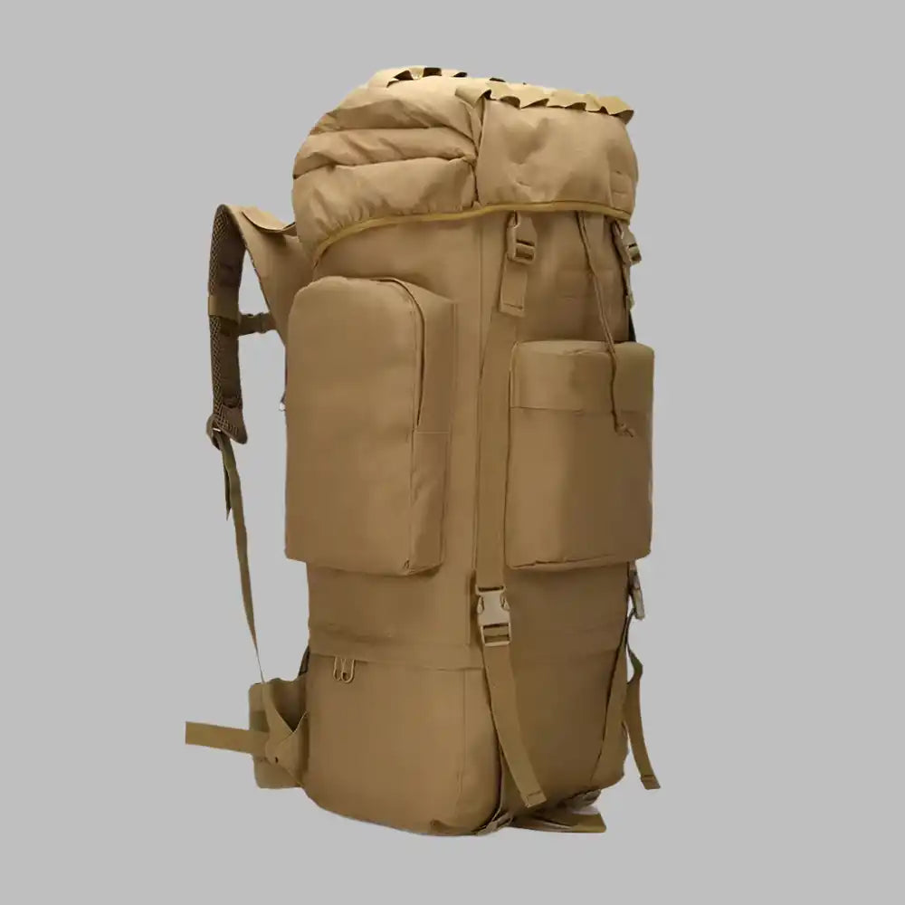 A tall, tan tactical backpack with multiple external pockets and adjustable straps.