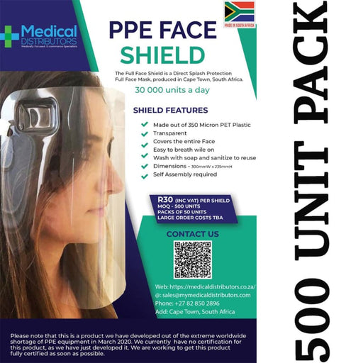 500 Pack Medical Distributors Personal Protection (PPE) Face Shields For Direct Splash Protection (R30 per unit) - Medical